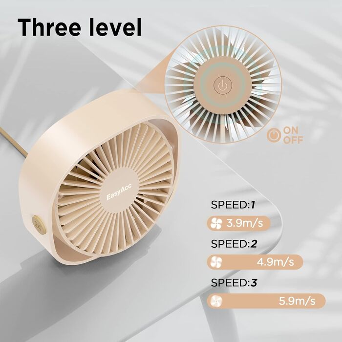 EasyAcc USB вентилятор: компактний настільний вентилятор з 3 швидкостями, 360° обертання, 2 роки гарантії, для офісу, дому, Beige