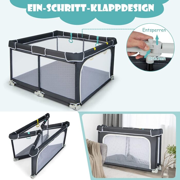 DREAMADE Playpen Baby, 124 x 124 cm Playard Foldable with 50 Play Balls & 4 Pull Rings, Safety Net with Breathable Mesh & Zipper (Dark Grey)
