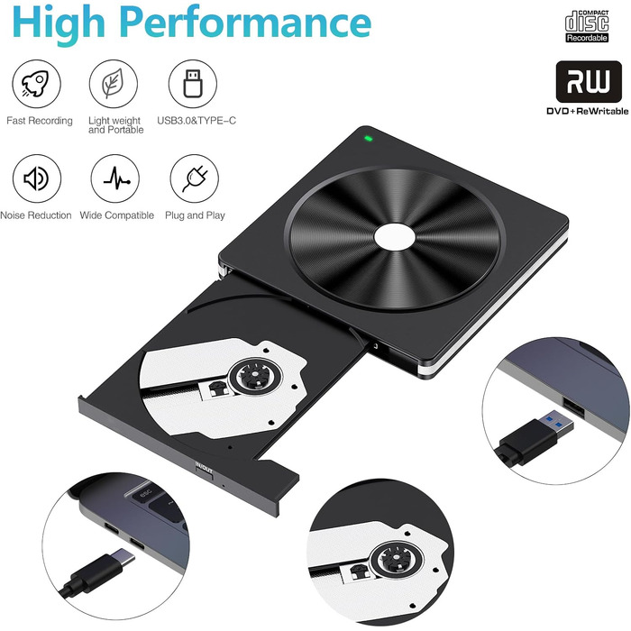 Зовнішній DVD/CD привід USB 3.0 та USB-C, DVD-записувач для ноутбука, ПК, Mac OS, Windows, Linux (Білий)