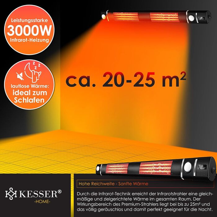 Інфрачервовий обігрівач KESSER® 3000W з LED-підсвічуванням та Wi-Fi, для тераси, кафе, бару, з пультом керування та захисним чохлом. Настінний кварцовий обігрівач (Чорний)