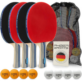 Набір для настільного тенісу PHIBER-SPORTS: 4 ракетки, 8 м'ячів, сумка | Для гри в приміщенні та на вулиці | Підходить для початківців, сімей та професіоналів