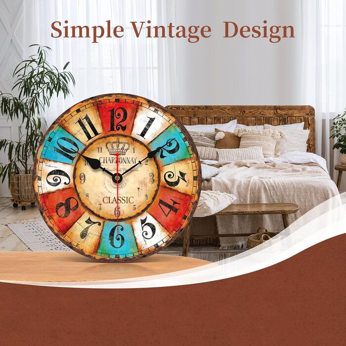 VIKMARI Quartz Wall Clock Wood Silent Hanging Clock, Battery-Powered Round Rustic Clock, Easy to Read Vintage Interior Wall Clock ||14' (Colorful Arabic Numerals, 20 cm)