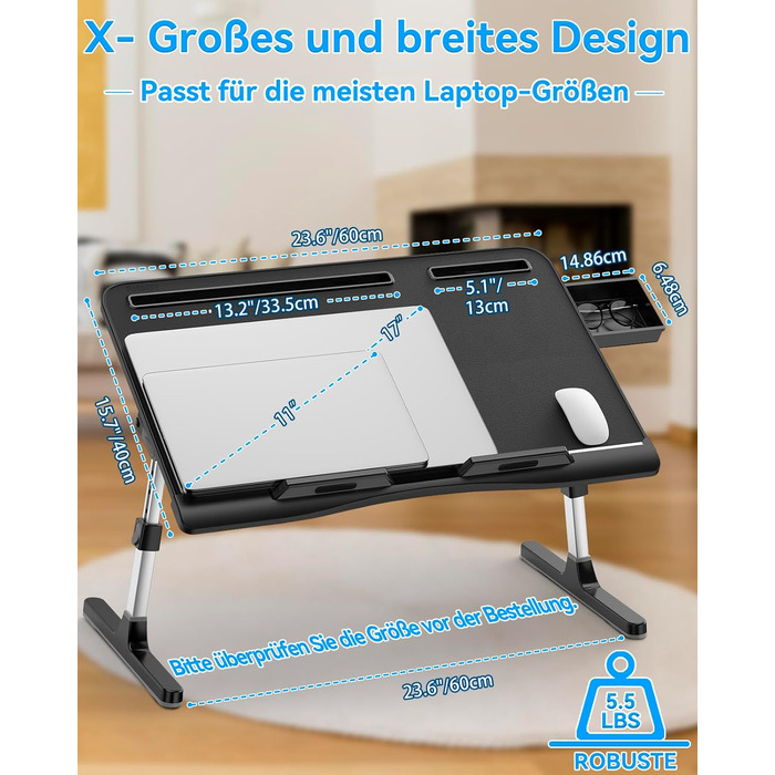 Стіл для ноутбука Potuopy з регульованою висотою та кутом нахилу, складний, великий розмір (60*40 см), чорний, з еко-деревом для роботи, читання та їжі на ліжку/дивані