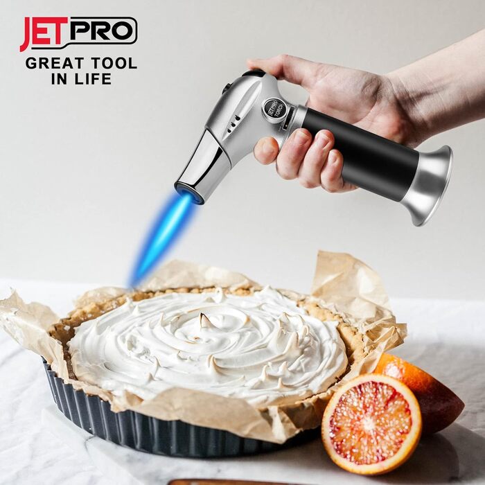 JETPRO Пальник бутановий кухонний з регульованою полум'ям та безпечним замком, для приготування десертів, BBQ, кухні. Працює на бутані (не входить до комплекту). Срібний колір.