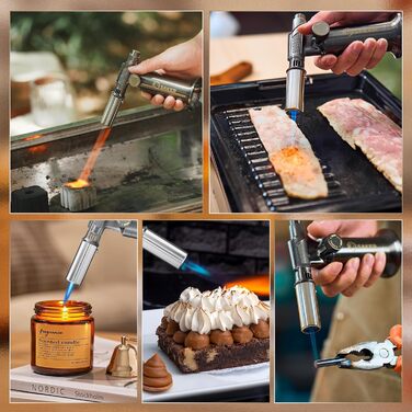 Професійний газовий пальник-фламбе SAKER для кулінарних страв та DIY: бутановий пальник з п'єзорозпалом для крем-брюле, паяння та рукодія, сріблястий