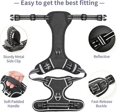 Шлейка для собак HEELE, No-Pull, для середніх собак, м'яка, дихаюча, регульована, світловідбиваюча, з м'яким ручним захопленням, чорна, розмір L