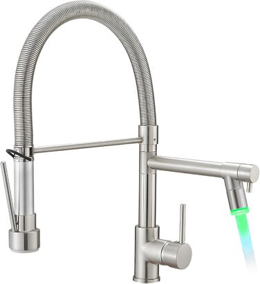 LED кухонний змішувач з спіральною пружиною, поворотний на 360°, з двома виливами, висувний, для кухні, з високим тиском, з нержавіючої сталі, LED, матове нікелювання
