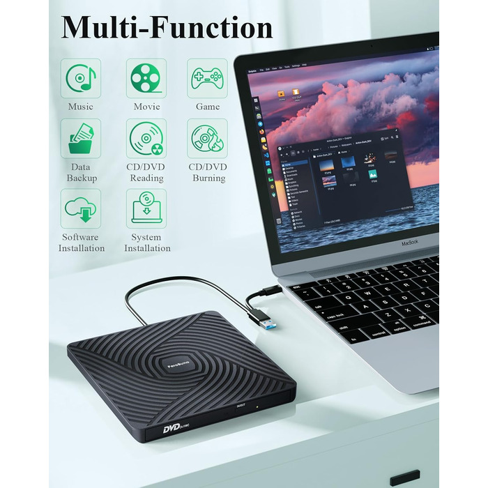 Зовнішній DVD-накопичувач PeroBuno USB 3.0 Type-C, CD ROM +/-RW оптичний привід, ультратонкий DVD-записувач та плеєр для ноутбука, PC, MacBook (Windows, Linux, macOS)