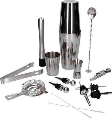 Набір для коктейлів Whiskey Rocks 17-Piece з бамбуковим підставкою: шейкер, мірний стакан, товкачик, ложка, з нержавіючої сталі, сріблястий