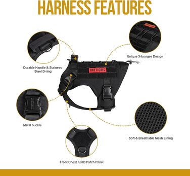 Тактичне обіднє оснащення для собак OneTigris Fire Watcher 2.0 з надійною металевою пряжкою, ручкою та MOLLE-системою, чорне