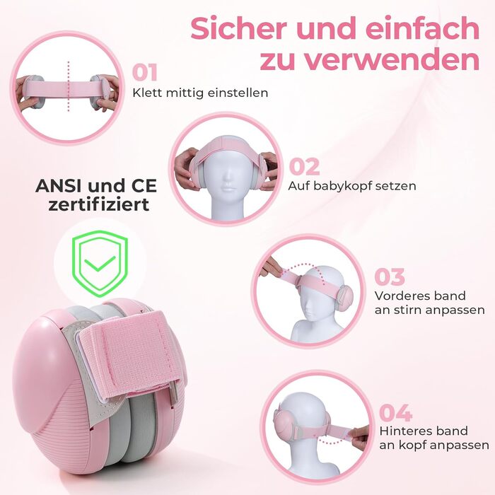 Дитячі навушники для захисту від шуму, регульовані, 0-48 місяців, сертифіковані CE та ANSI, 25 dB, для літаків, сну, рожеві