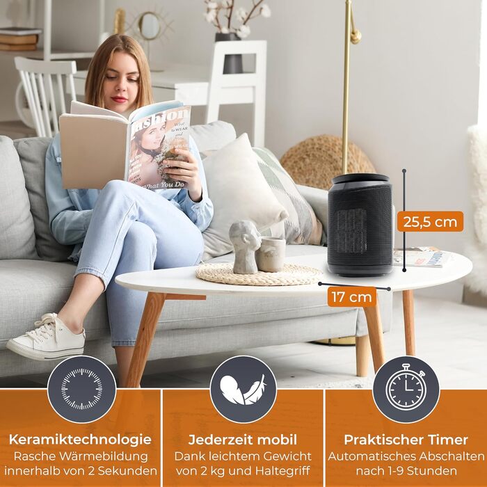 Електричний обігрівач KRAMER 2000W з PTC-керамікою, енергозберігаючий, 3 режими, таймер 9 год, термостат, захист від перегріву та перекидання, з пультом керування, для дому (чорний)