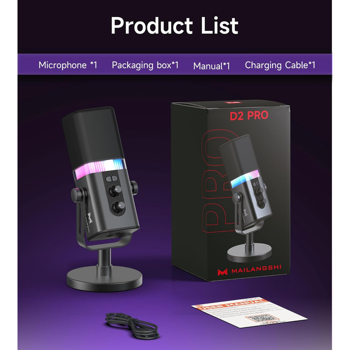 Професійний USB/XLR мікрофон Mailangshi для подкастів, стрімінгу та ігор з RGB підсвіткою та металевим корпусом