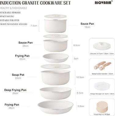Набір посуду RIOVARM з індукційним дном: каструлі та сковороди з антипригарним гранітним покриттям та знімними ручками, кришки з силікону, бежевий колір