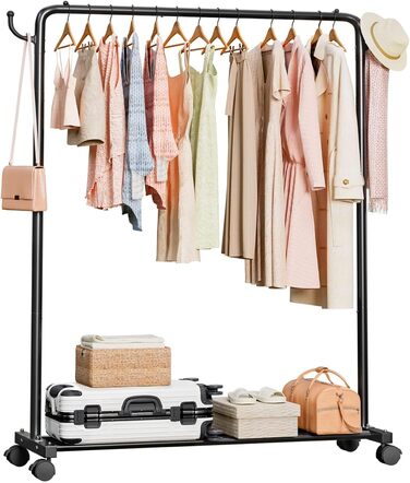 Міцний вішак для одягу на коліщатках Yorbay: металева стійка з полицею для багажу - компактна шафа для спальні, пральні, магазину (чорний, 117 см)