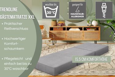 Badenia Trendline Foldable Guest Mattress with Durable Microfiber Cover, Öko-Tex Certified, 196 x 65 x 8.5 cm Sleeping Area, produced according to German quality standards. Height 8.5 cm (Light Gray - Cord, Height 15.5 cm)