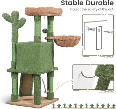 Yaheetech Cat Tree Cactus, Height 106.5 cm, Stable Cat Tree Climbing Tree with Viewing Platform, Cat Cave, Lounging Bed, Sisal Posts, Green/Brown