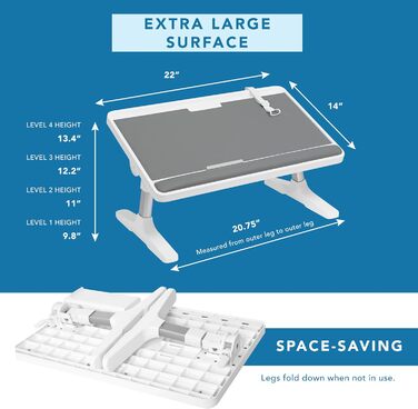 LAPGEAR Підставка для ноутбука з шкіри з регульованими ніжками, підставкою для зап'ястя, слотом для медіа та інтегрованим місцем для зберігання, для ноутбуків до 43,2 см (17 дюймів), сірий колір