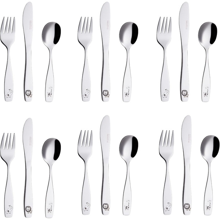 Набір дитячого столового прибору EXZACT Kinderbesteck Set 18-ти частинний з нержавіючої сталі для дітей від 2 років - з гравіюванням, придатний для миття в посудомийній машині (Safari X 18)