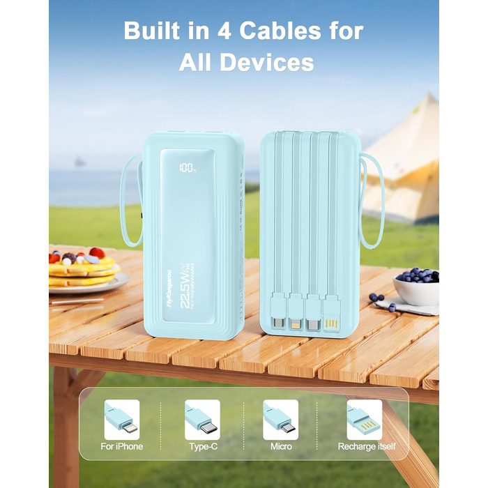 Power Bank 20000mAh, 22.5W, 6 виходів, 2 входи, LED дисплей, сумісний з iPhone, Samsung, Pixel, блакитний
