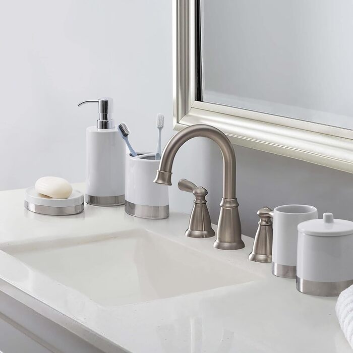 Motifeur Bathroom Accessories Set, 5-Piece Ceramic Bathroom Accessories Complete Set with Lotion Dispenser/Soap Pump, Cotton Swab Holder, Soap Dish, Tumbler, and Toothbrush Holder (White and Silver)