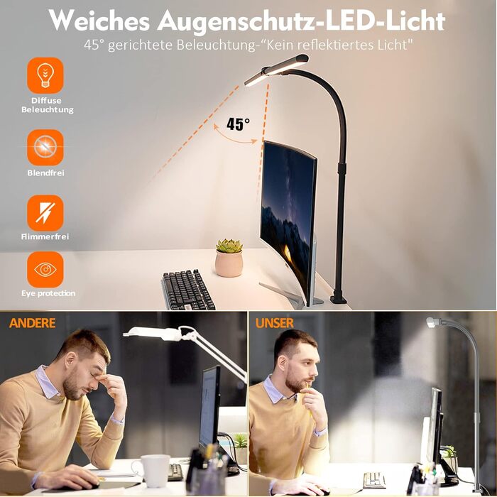 LED лампа для столу Doppelkopf з регулюванням яскравості, 24W, 80см, для дому/офісу, денне світло, лампа сови, кріпиться на стіл (чорний)