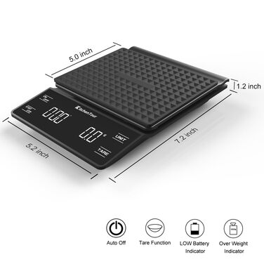 Ваги для кави KitchenTour з таймером, 3 кг/0,1 г, висока точність, Pour Over, Drip, Espresso, LCD-дисплей, батареї в комплекті