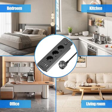 Мережевий фільтр 5 розеток з індивідуальним вимикачем, з 2 USB-A та 2 USB-C, розгалужувач розеток 5 розеток зі switch, мережевий фільтр настінний з 2м кабелем, PD 20W - (3 розетки 4 USB, Чорний)