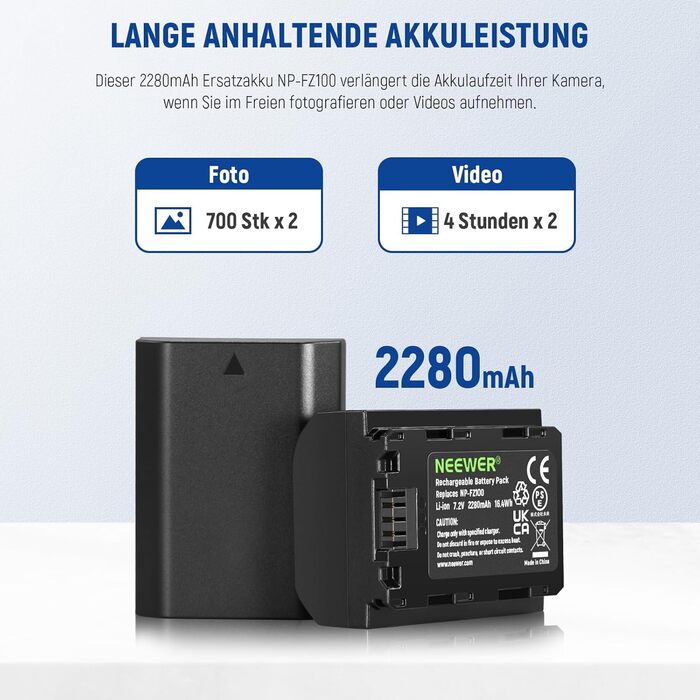 NEEWER 2 x NP-FZ100 акумулятор 2280mAh + USB зарядний пристрій для Sony ZV-E10II, A9III, A7CII, ZV-E1, A7III, A7IV, FX3, FX30, A6700, A1, A7C, A7CR, A7RIV, A7RV, A7SIII, A9II