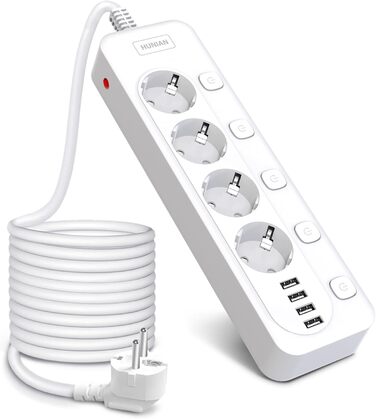 Мережевий фільтр з USB, 4 розетки, HUNIAN, 4000W/16A, індивідуальне вмикання, захист від перенапруги, дитячий захист, 2 м кабель