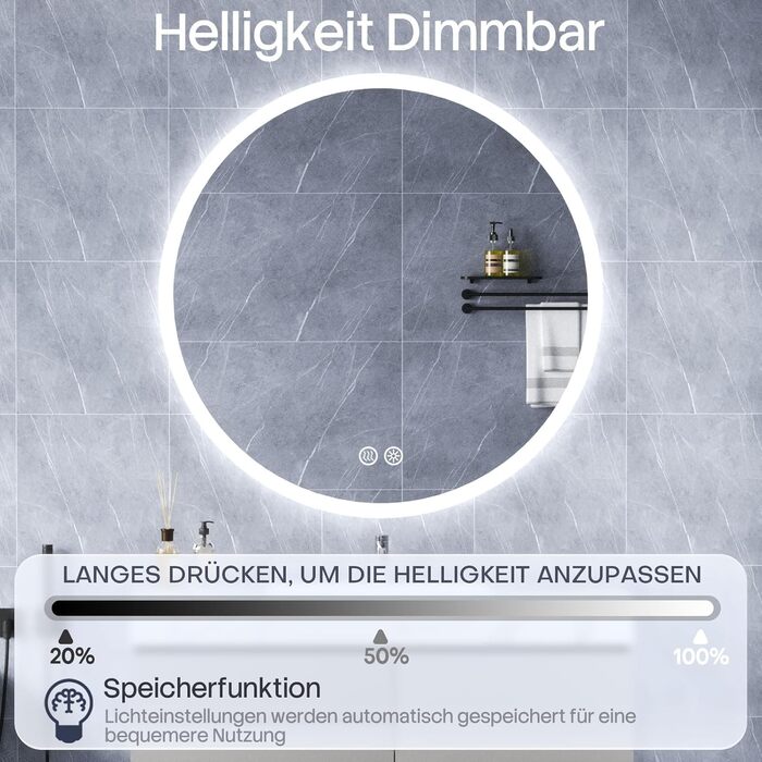 Дзеркало для ванної кімнати HySail з підсвічуванням, 5 мм, високоякісний срібний дзеркало, 3 колірні температури та регульована яскравість, настінне дзеркало з сенсорним вимикачем та антизапарюючим покриттям, кругле (80x80 см)