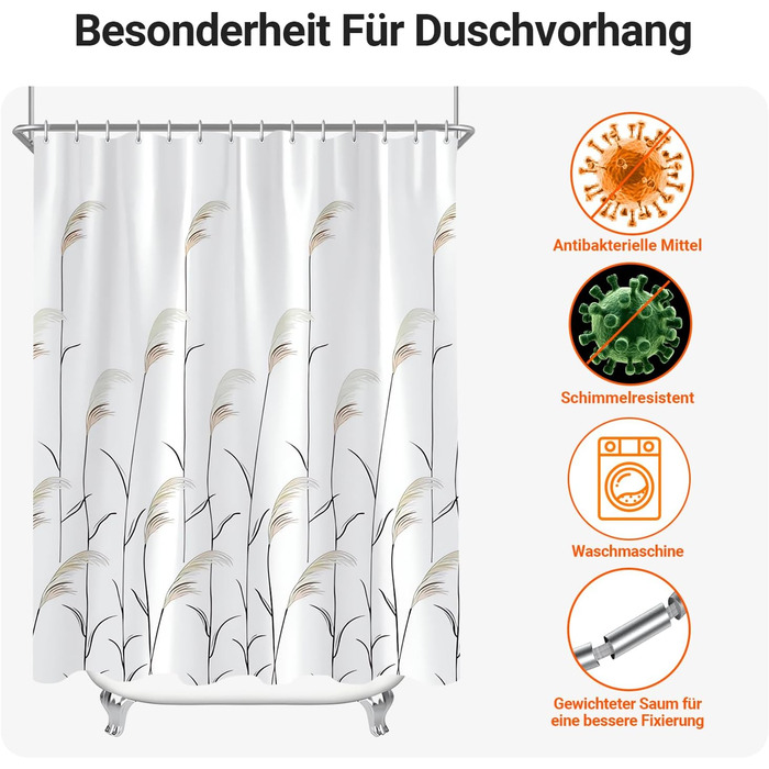 Штора для душу Weizenohr 180x200 см, з утяжеленим краєм, антигрибкова, водовідштовхувальна, поліестер, з кільцями (1 шт)