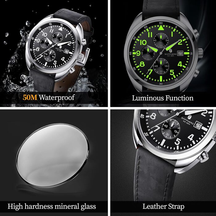 Годинник чоловічий SAPPHERO кварцові з шкіряним ремінцем. Класичний бізнес-годинник для чоловіків, водонепроникність 50 метрів, арабські цифри, хронограф (срібно-чорний)