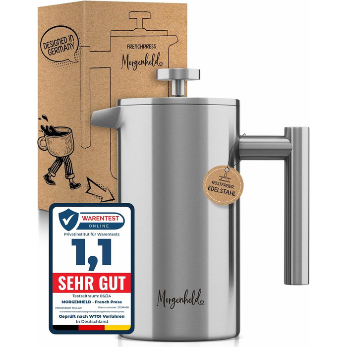 Morning Hero Premium Stainless Steel French Press, large size for 5 cups, 1000 ml, metal coffee press, induction suitable, 1l thermal insulated carafe, barista coffee maker, double-walled, manual coffee pot, 1000ml, 1000ml (5 cups)