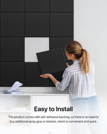 Акустичні панелі для шумоізоляції стін самоклеючі, квадратні звукопоглинаючі плити високої щільності, 30x30x0.9 см, чорні, 12 шт.