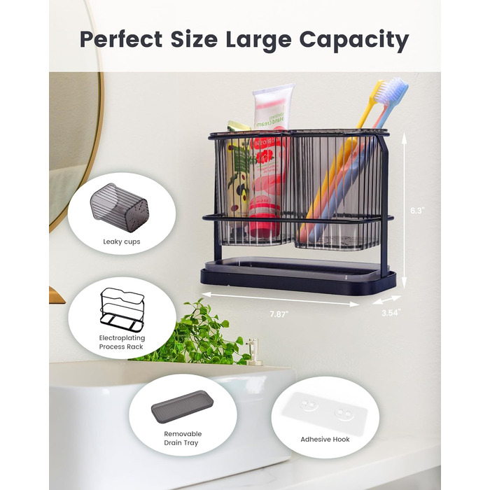 KONE Toothbrush Holder, Wall Mount, Bathroom, Hanging Electric Toothbrush Holder with 2 Removable Compartments, Drainage, Dry and Wet Separation for Bathroom, Kitchen, Family (White) (Black)
