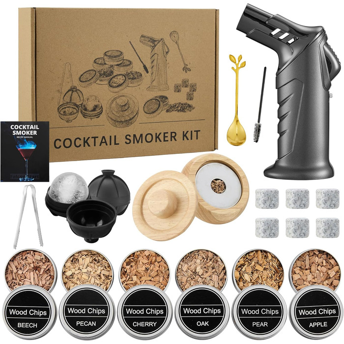 Набір для димування коктейлів та віскі – 6 видів деревини, ліхтарик, генератор диму (без бутану) – покращений нагрівач, 2 форми для льоду, 6 гранітних каменів