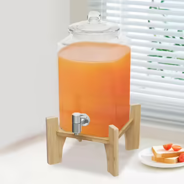 5L Drink Dispenser, transparent glass drink dispenser with stand. Thoughtful faucet design, can hold a variety of cold and hot beverages for indoor and outdoor parties, restaurants.