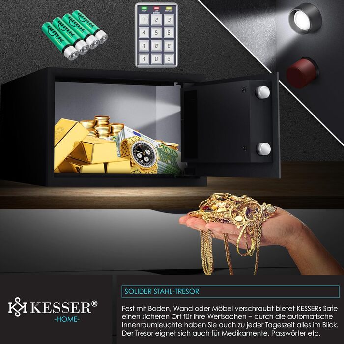 Електронний сейф KESSER® настінний, 31x20x20 см, з подвійним замком, внутрішнім освітленням, чорний (L)