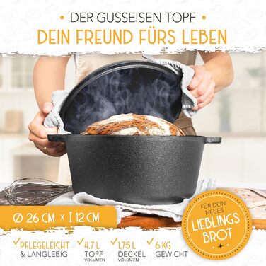 KRUSTENZAUBER 26cm Cast Iron Pot for Bread Baking incl. Proofing Basket - Robust Bread Baking Mold with Lid - Ideal Bread Pot, Bread Baking Pot, Bread Baking Set Cast Iron Pot for Baking Bread, Bread Baking Accessories, Bread Form 4.7l