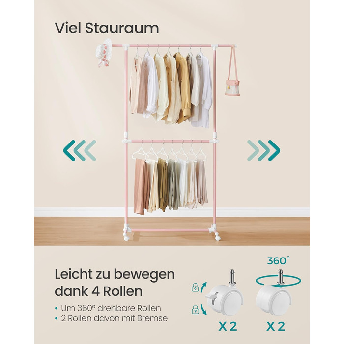 SONGMICS Clothes Rack with 2 Clothes Rods, Extendable Clothes Rail, with Wheels, Coat Rack, Height Adjustable between 113 and 180 cm, Lower Rod Adjustable, Pastel Pink LLR401R01