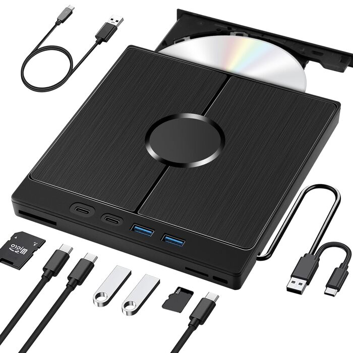 Зовнішній CD/DVD привід USB 3.0 Type-C з картридером SD/TF, портативний CD/DVD записувач для ноутбука, ПК, MacBook (Windows, macOS, Linux)