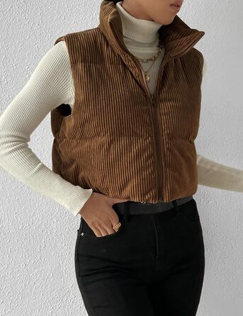 Жіноча жилетка Gihuo з наповнювачем Cord, кроп-силует, комір-стійка, на блискавці, без рукавів, коричнева
