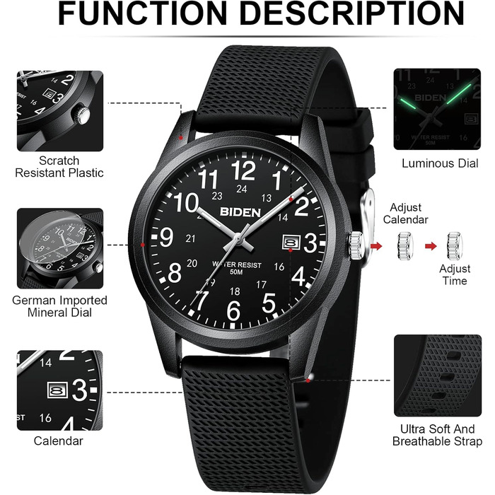 Чоловічий годинник: аналоговий кварцовий годинник на зап'ясті, водостійкий, модель R015, чорний колір