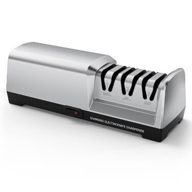 Електричний точило для ножів професійний 3-ступеневий з захистом від перегріву, тихий мотор, швидке заточування для кухонних ножів (срібний)