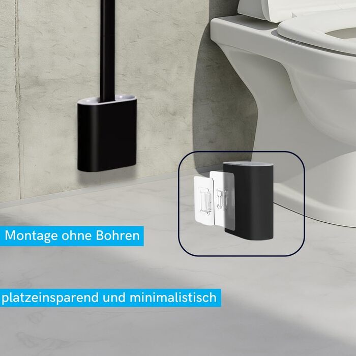 Силіконова щітка для унітазу Klobürste – чорна, настінний монтаж без свердління, самоклеюча – гігієнічна, довговічна, з тримачем