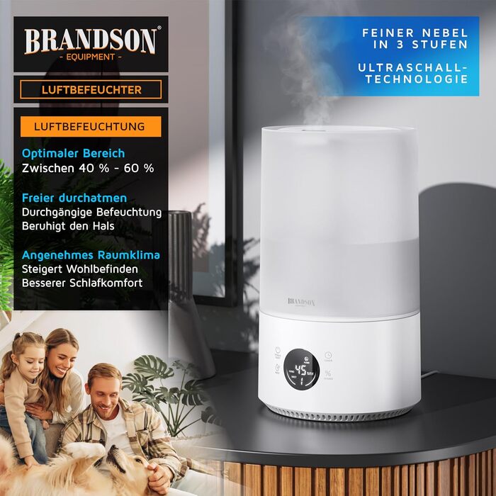 Зволожувач повітря Brandson з цифровим дисплеєм та пультом дистанційного керування, 4.2 л, таймер, 3 режими туману, тиха робота, функція Sleep, для спальні, дитячої кімнати, офісу