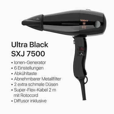 Професійний фен Valera Swiss Silent Jet Light 7500 Ultrablack: потужний мотор PM-Pro, 2000 Вт, іонізація, 6 температурних режимів