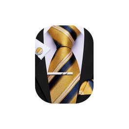 Чоловічий подарунковий набір: краватка в смужку, краватки-кліпса, кишеньковий хустинка, запонки, золото, темно-синій, для весілля, ділових зустрічей, свят