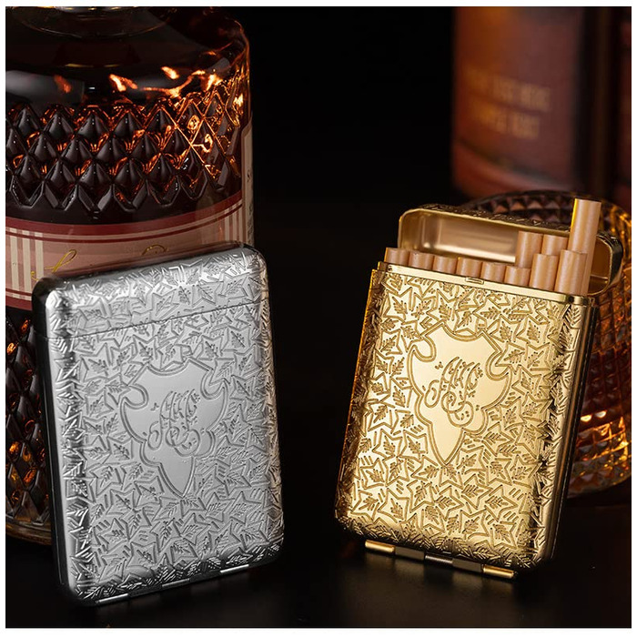 Металеве тютюноприкурювач, преміум-якість, гравіювання, елегантні мотиви, міцний та довговічний, для 16 сигарет – унісекс, чоловічий/жіночий, золотистий